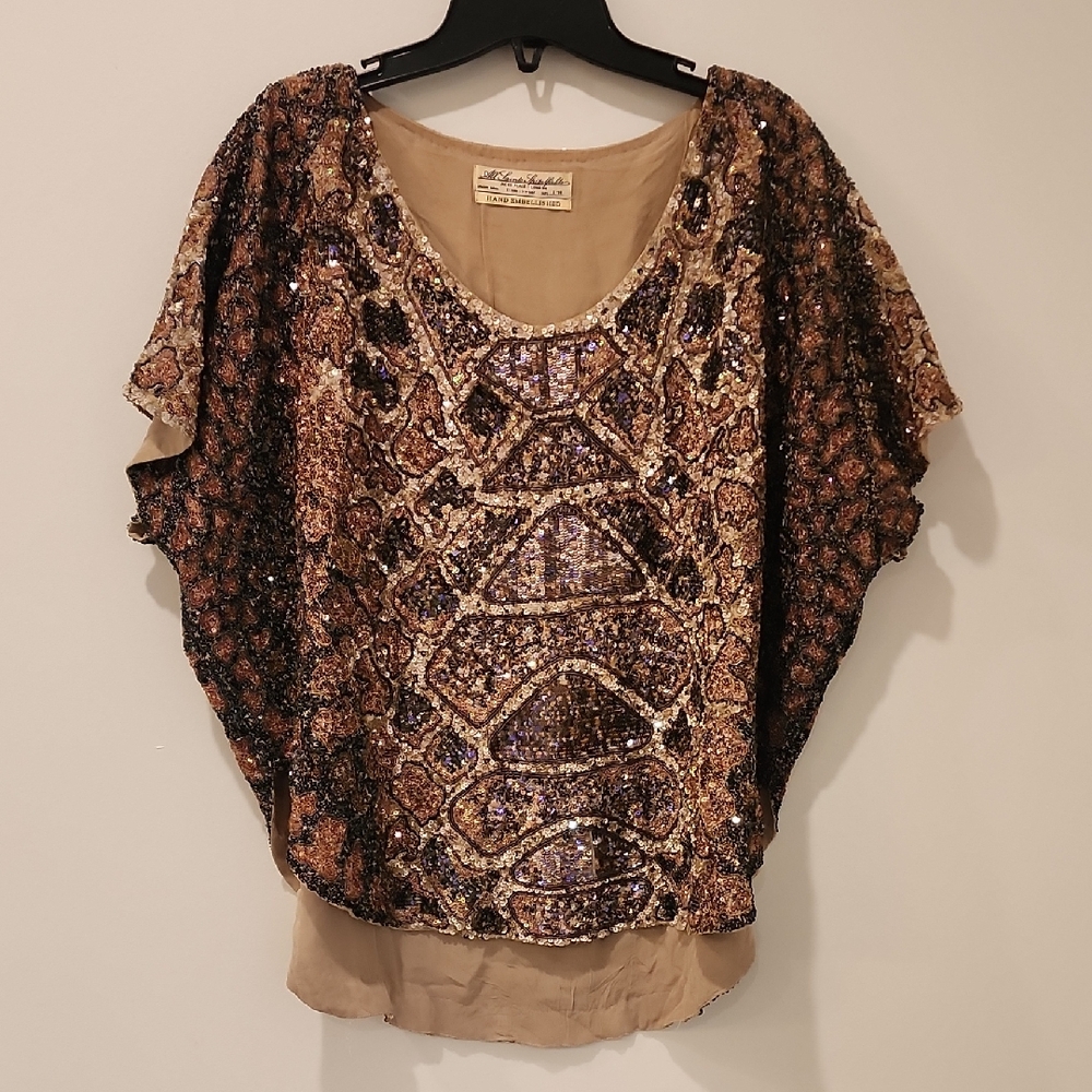 All Saints Gold and Brown Heavy Sequin Blouse, Size 8-10